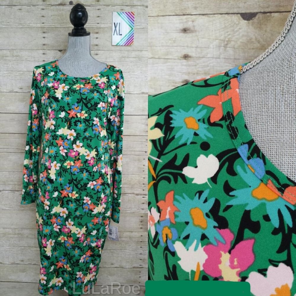 NWT LuLaRoe XL Debbie - Flowers Green and Black Background T-Shirt/Sheath Dress